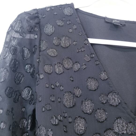 J. Crew Black Polka Metallic Dot Jacquard Blouse V-Neckline Tie Waist - Picture 5 of 13